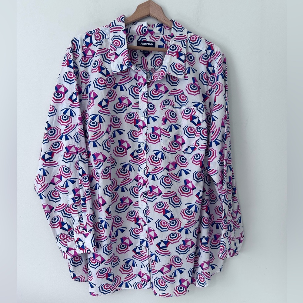 Women's Lands End Umbrella Print Beachy Long Sleeve Button Up Shirt size 3X
